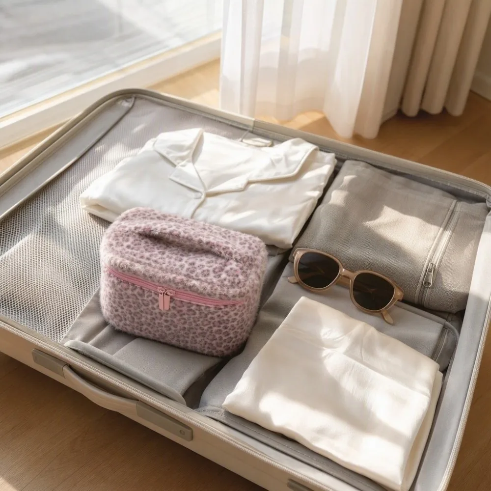 Portable Pink Leopard Print Makeup Bag Top Handle Large Capacity Cosmetic Bag Smooth Material Zipper Plush Toiletry Organizer
