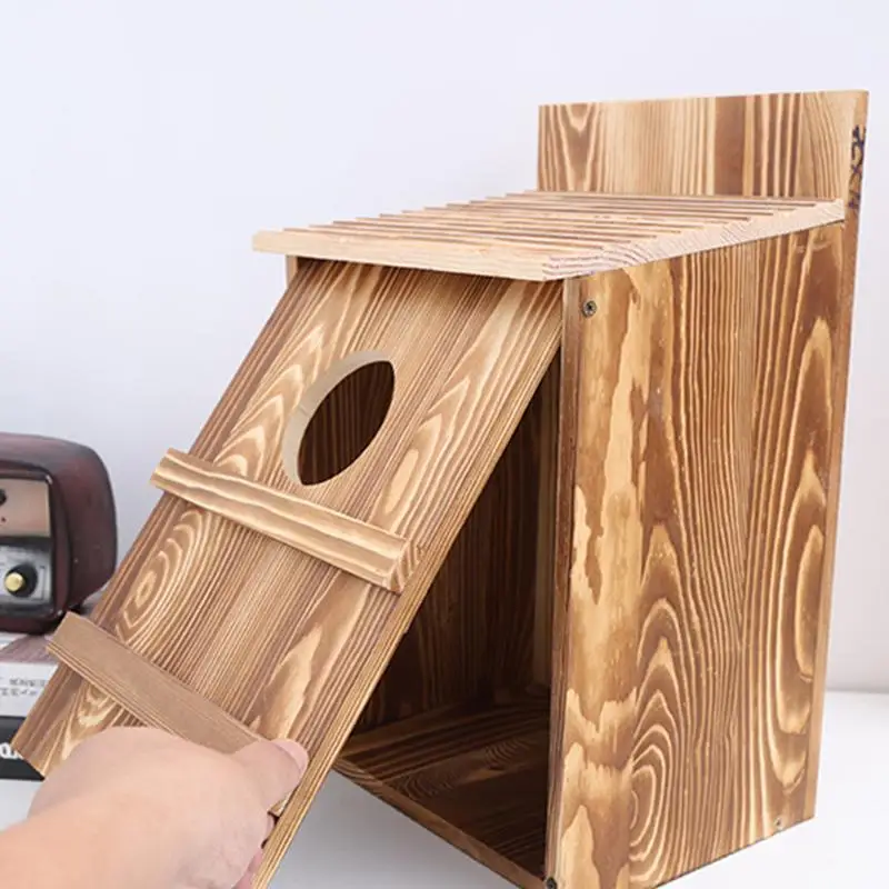 

Screech Owl House Wooden Bird Box Outside Rectangular Opening Nesting Box Easy Assembly Large Birdhouse for Kestrels Birds