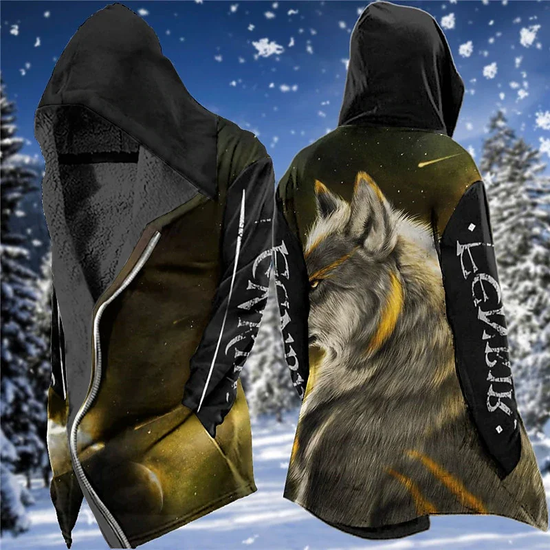 Men\'s Winter Long Jackets Padding Fleeced Coats Windbreaker Wolf Fenrir Print Warm Male Parkas Zip-up Hoodies Daily Outerwear