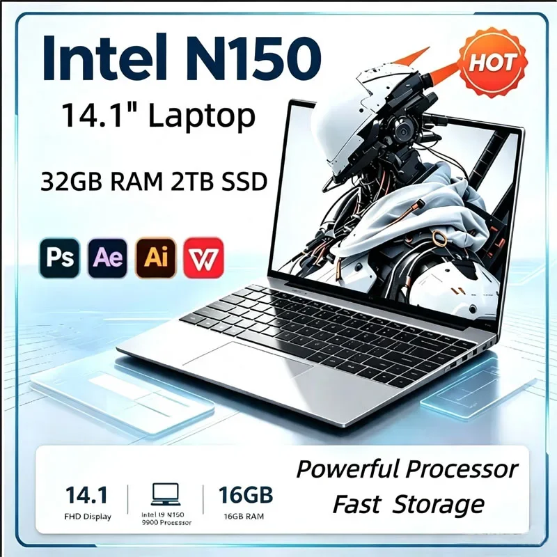 New 14.1' Laptop Intel Core N150 32GB 2TB Gaming PC Ultra Slim Office Study Computer PC Windows 11 Pro 1920*1080 HD