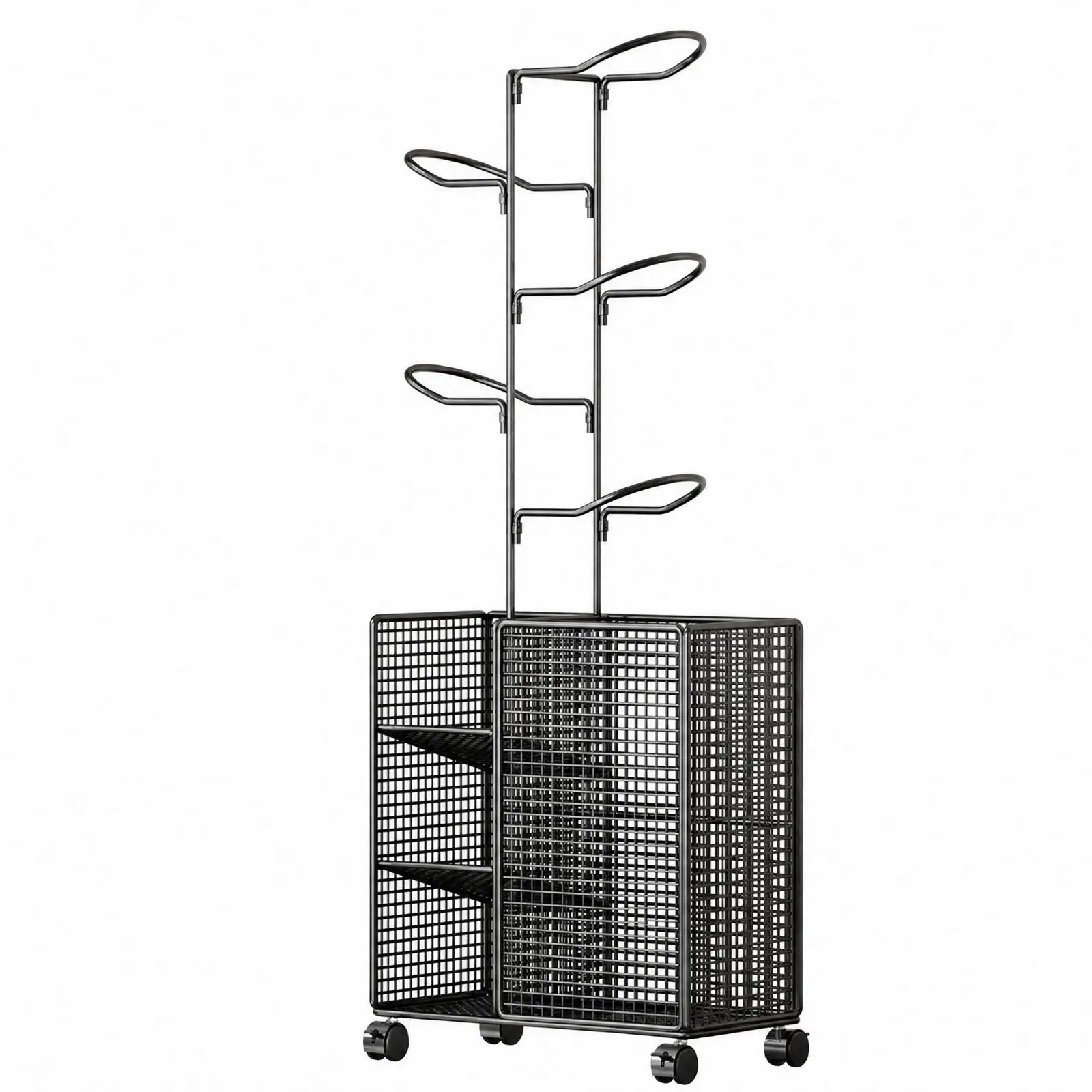 Double Sided Sports Rack with Open Grid Compartments and Shelves for Balls Rackets Accessories Home Use