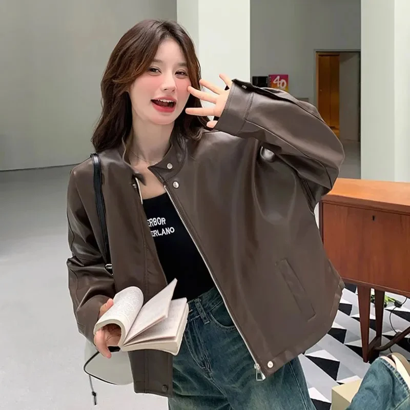 Coffee Colored Small Leather Jacket For Women 2025 Spring Autumn New High-end Feeling Street Small Motorcycle Jacket