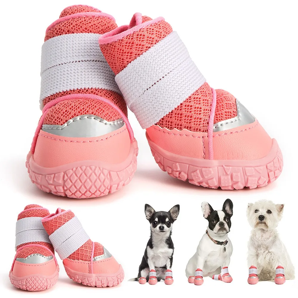 4pcs/set Durable Breathable Dog Boots Wear-resistant Anti-Slip Puppy Mesh Shoes Waterproof Soft Rubber Sole Dog Boots Running