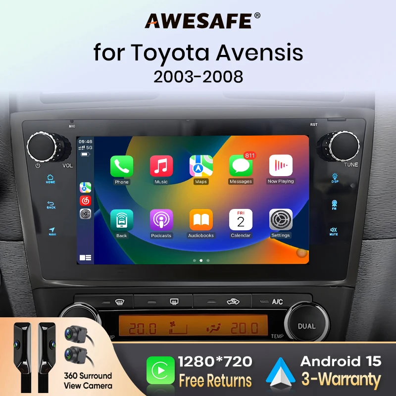 AWESAFE Bezprzewodowy CarPlay Android Auto do Toyota Avensis T25 2003-2008 Radio Samochodowe Multimedialny Odtwarzacz Stereo Wi-Fi Nawigacja GPS 2 Din Autoradio Inteligentne Systemy Samochodowe
