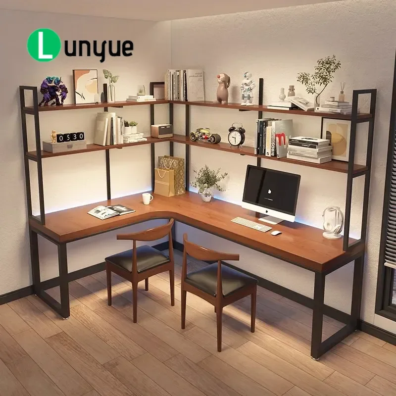 Corner solid wood desk double computer desktop table simple household L-shaped wall bookcase bookshelf integrated study table