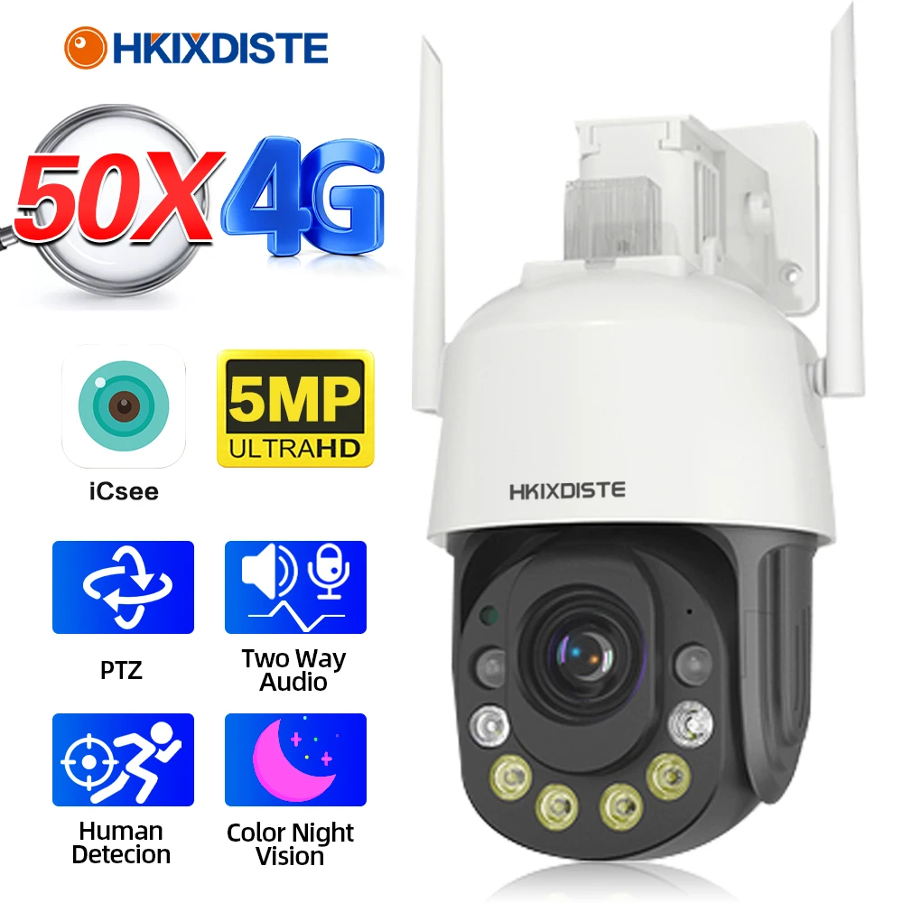 Kamera keamanan 5MP, WiFi 50X Zoom 4G SIM kamera deteksi gerakan IR penglihatan malam 120M CCTV Video kamera pengawas luar ruangan iCsee