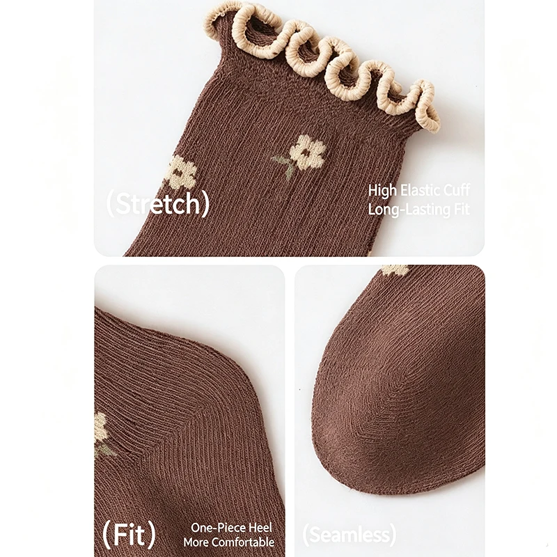 3/5 Paar Kleinkind Mädchen Socken mit Wellenmuster und Rüschenbündchen, Vintage Blumen Baby Socken für Mädchen, für den täglichen Gebrauch – Detail 5