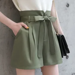 Pantalones cortos coreanos de pierna ancha para mujer, Shorts elásticos de cintura alta, con bolsillos y pliegues, transpirables y sueltos, Verano