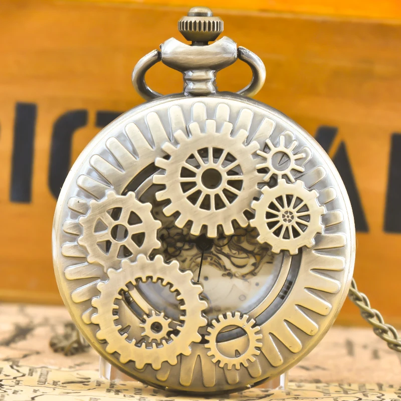 Vintage brąz Steampunk miedź wycięcie biegów kwarcowy zegarek kieszonkowy naszyjnik wisiorek łańcuszek z zegarem mężczyźni kobiety łańcuszek prezent