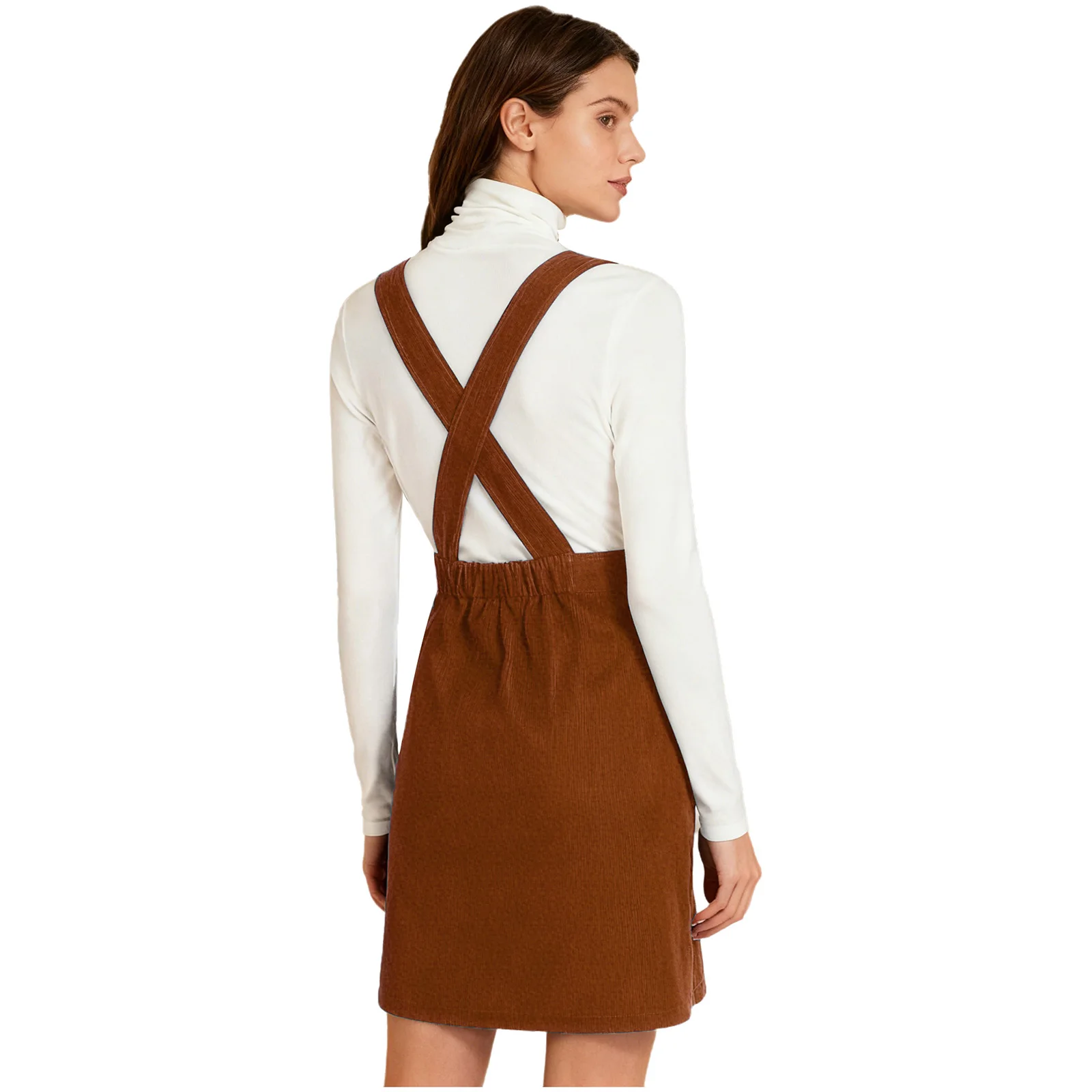 Womens Corduroy Pinafore Dress V Neck Back Crossing Straps Side Pockets Overall Dress for Daily Casual Dating Hanging Out