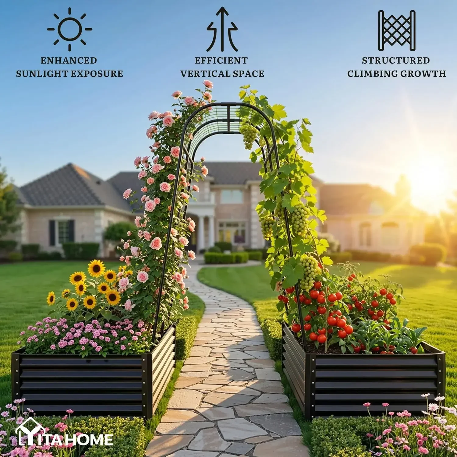 2pcs 6x3x1.5ft Galvanized Raised Garden Bed with Tall Arch Trellis, Galvanized Planter Box with Trellis, Vertical Netting,Gloves