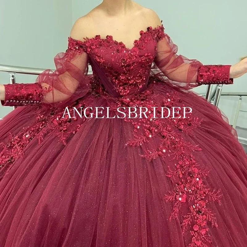 ANGELSBRIDEP Charming Long Sleeves Ball Gown 15 Year Old Quinceanera Dresses 2025 Burgundy Princess Birthday Party Dress