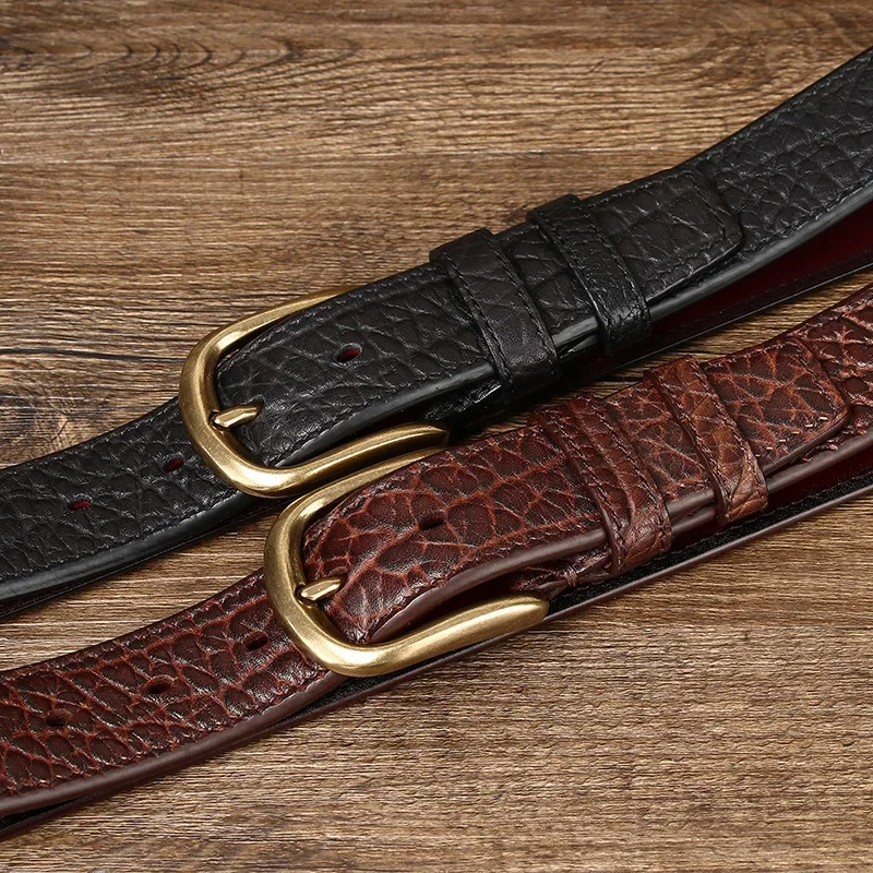 Stylish 3.8CM Wide Men's Leather Belt with Vintage Brass Buckle for Jeans and More