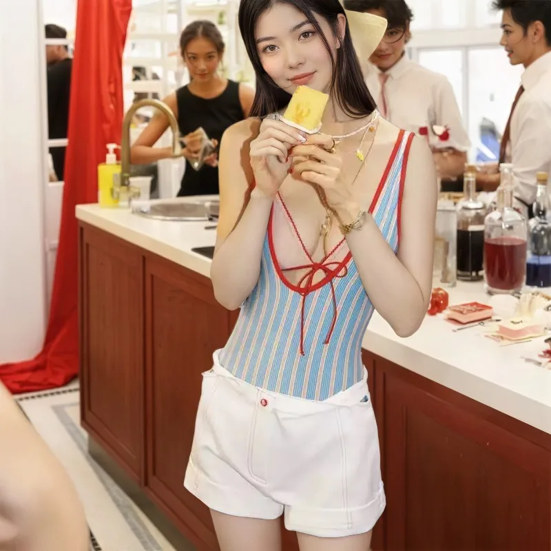 

Тайский дизайнерский цельный купальник, женский монокини в синюю полоску с бантом, элегантный купальный костюм для курортных отпуска, пляжная одежда