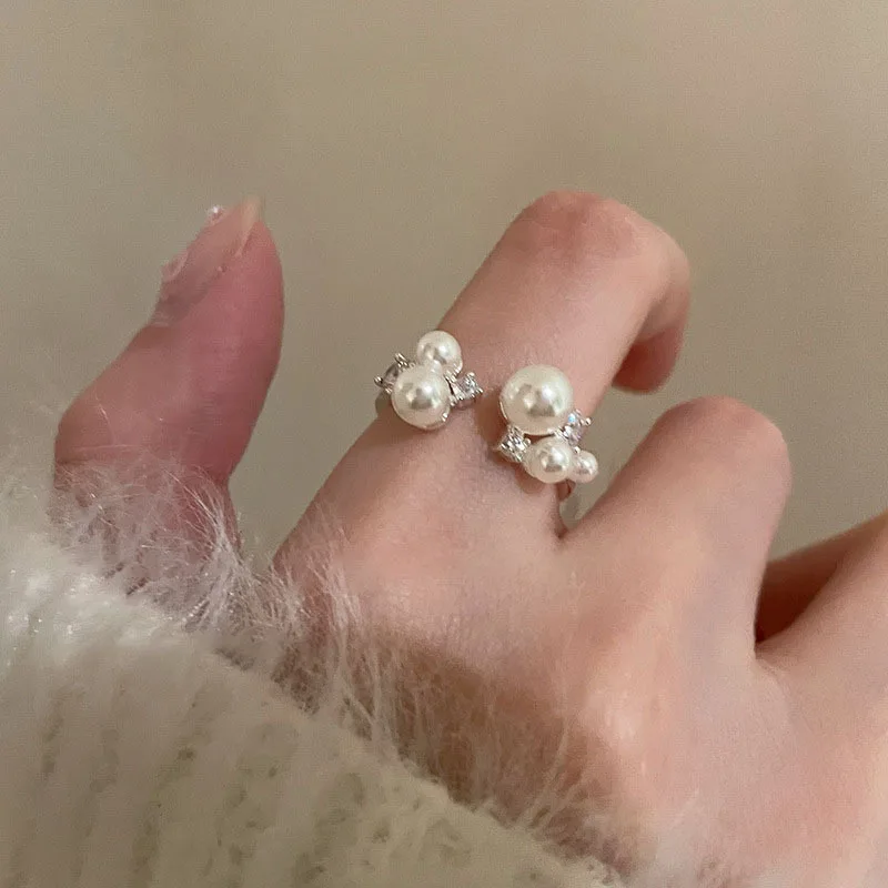 Ring Pearl Zirconia Open Adjustable Stackable Index Finger Delicate Unique Gold Tone Alloy Lightweight Fashion Jewelry for Her