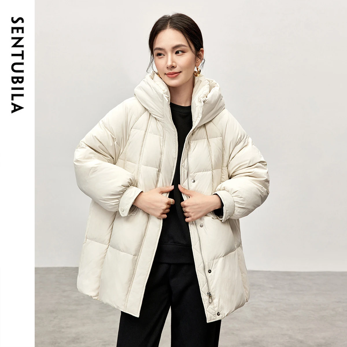 SENTUBILA 90% White Duck Down Coat for Women 2024 Winter Hooded Stand Neck Zipper Thick Warm Puffer Jacket Women W44Y57034