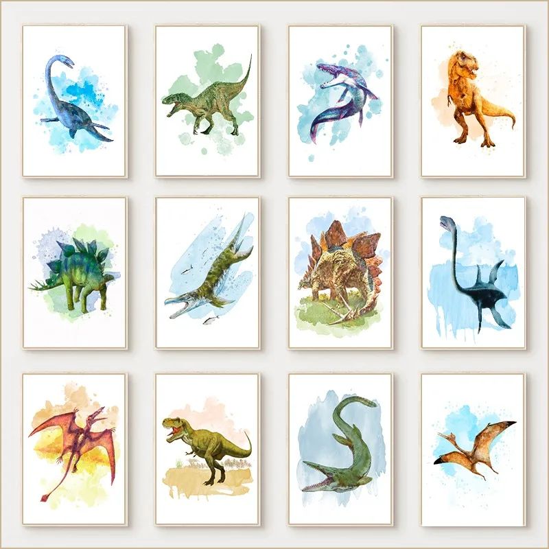 1pc frameless Canvas Painting  1pc frameless Jurassic Dinosaur Watercolor Poster Triceratops Stegosaurus Iguanodon T-Rex Canvas