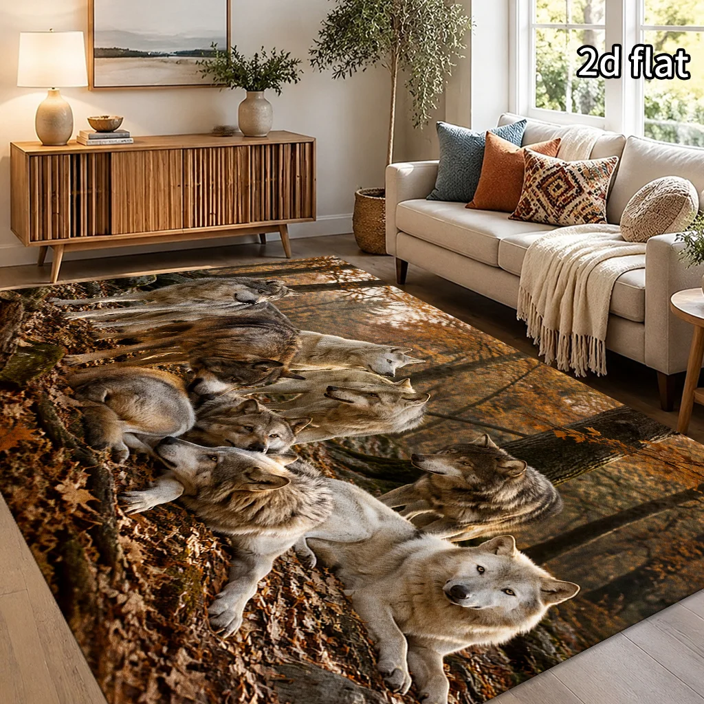 1pc Vintage Brown Wolf Pack Pattern Area Rug, 2D Flat Design, Machine‑Washable, Lightweight Soft, Non‑Slip & Easy To Clean