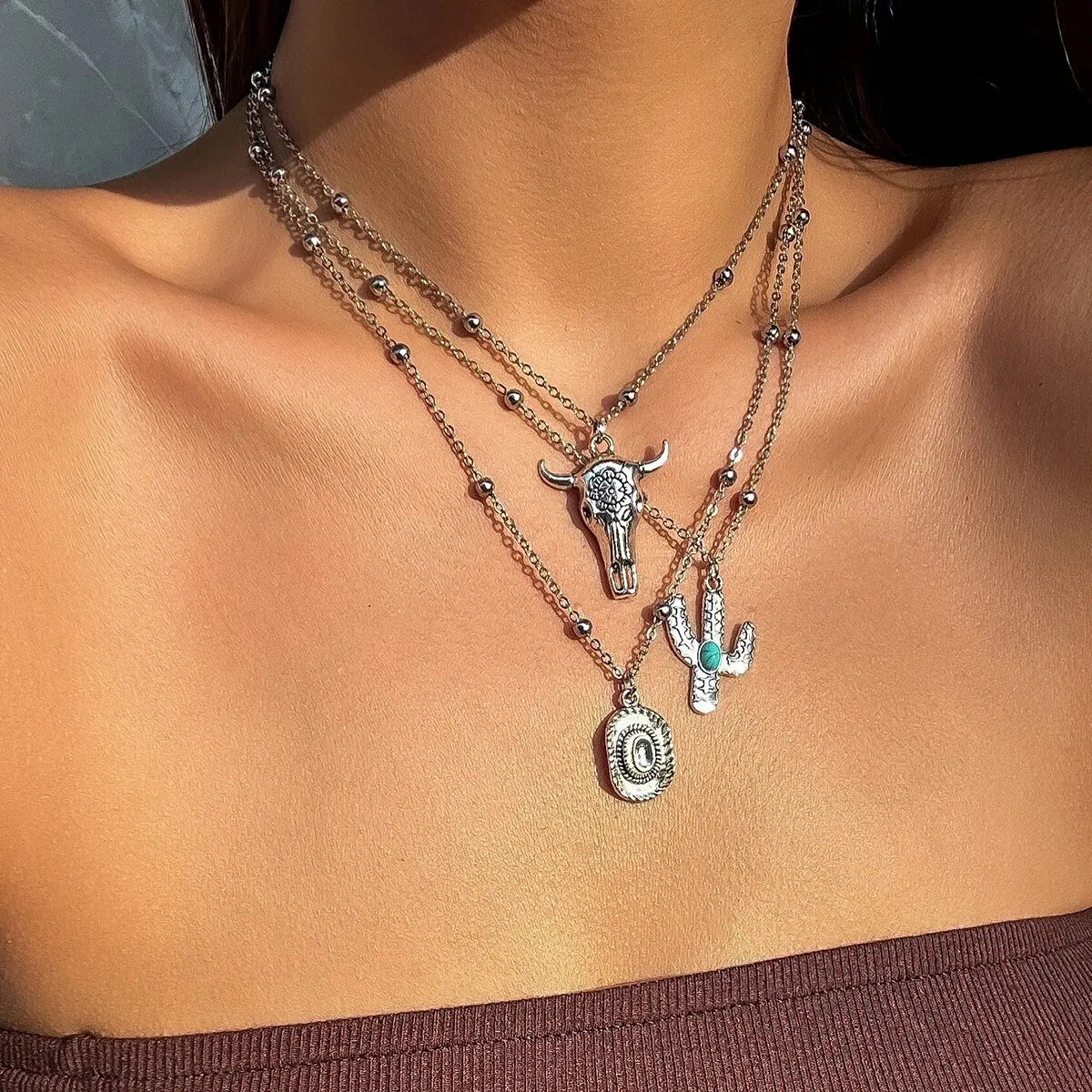 3 Teile/satz Boho Vintage Bullhead Kaktus Anhänger Halsketten für Frauen Ethnischen Stil Multilayer