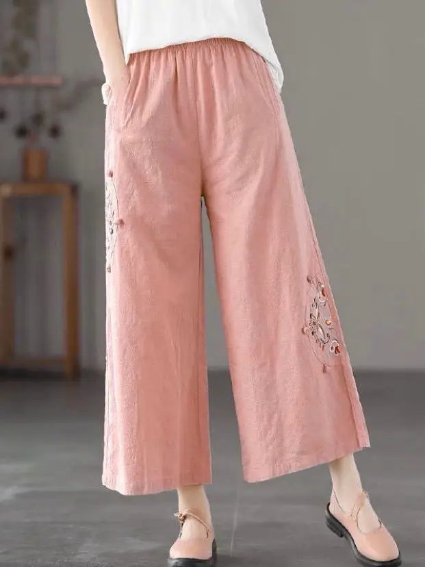 Large Size Cotton Linen Pants Women's Ethnic Embroidery Casual Pants Vintage Artistic Button Wide Leg Nine Point Pants