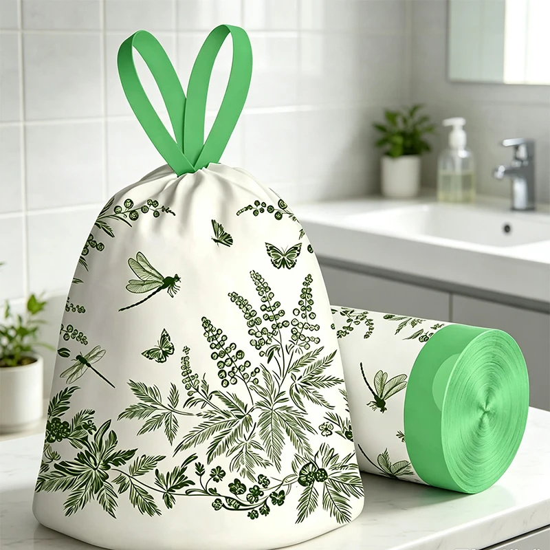  60pcs Plant Printed Drawstring Waste Bags for Kitchen Household Garbage Bags Portable Trash Bags with Handles