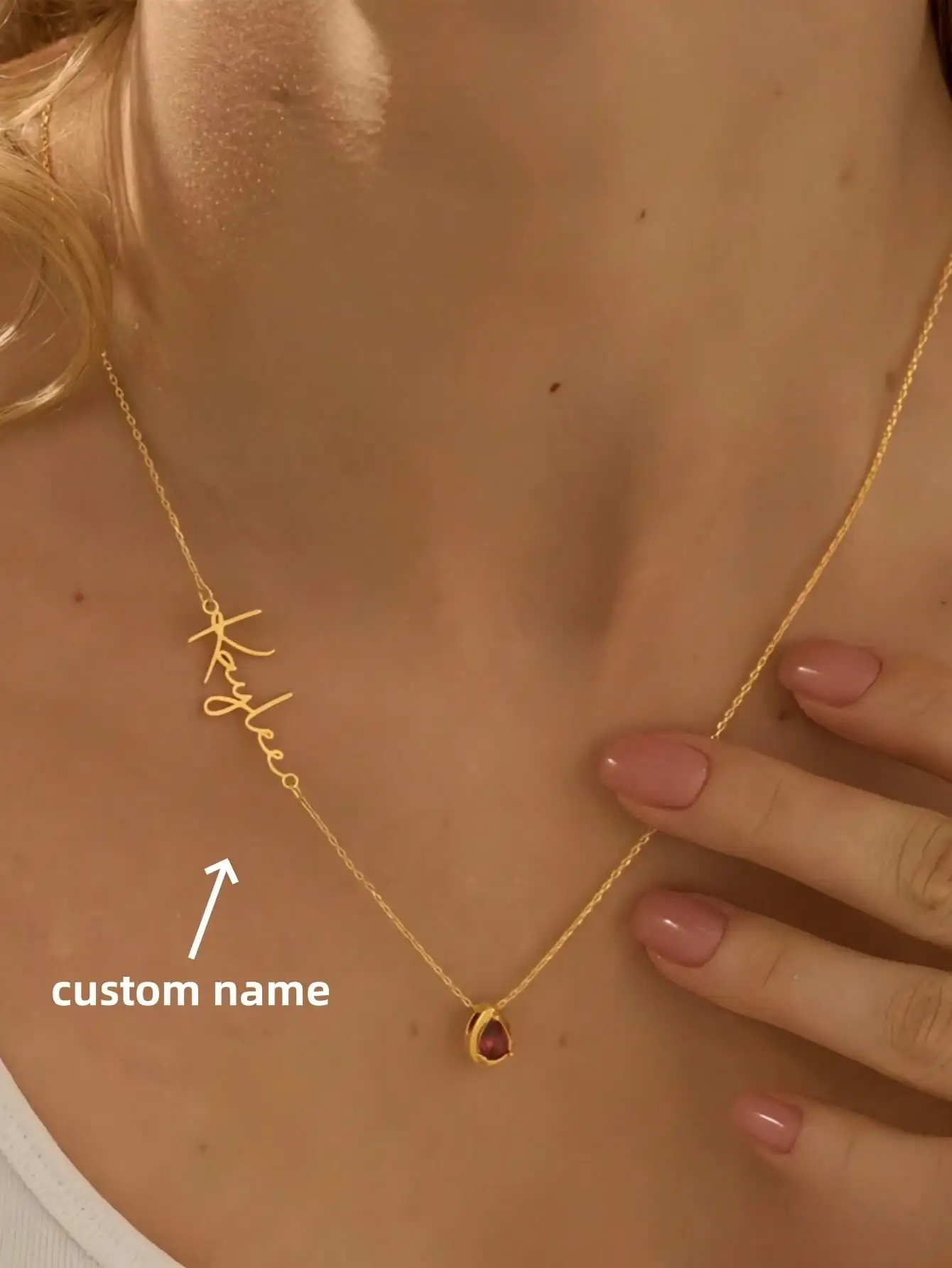 

Custom Script Name Necklace with Teardrop Birthstone Pendant, Gold Tone Chain