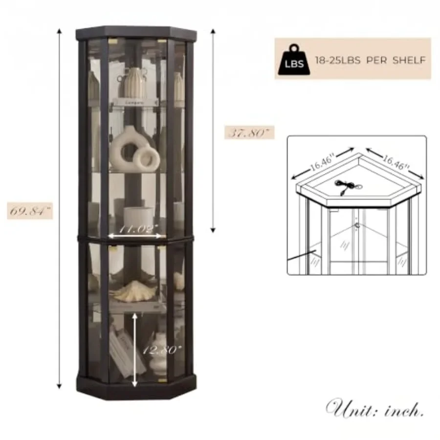 Corner curio cabinet for living room: lighted glass display cage, tempered glass doors, 5 adjustable shelves, light bulb includ