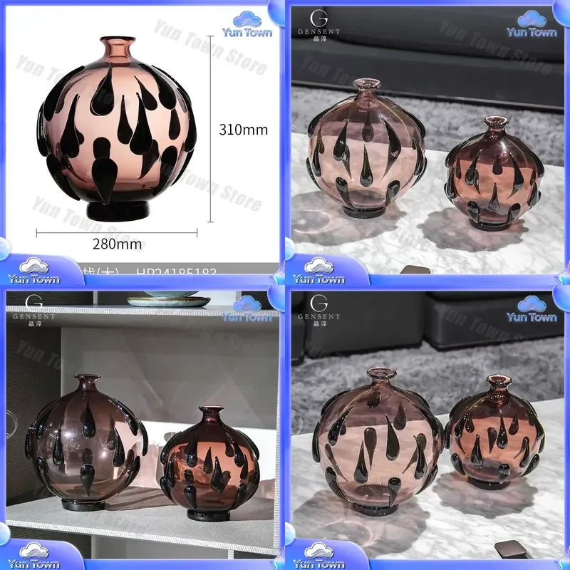 Retro Glazed Vase for Jingchun Dark Brown Crystal Decor for Office Home Bedroom Model Room Glass Jewelry Display Decorative