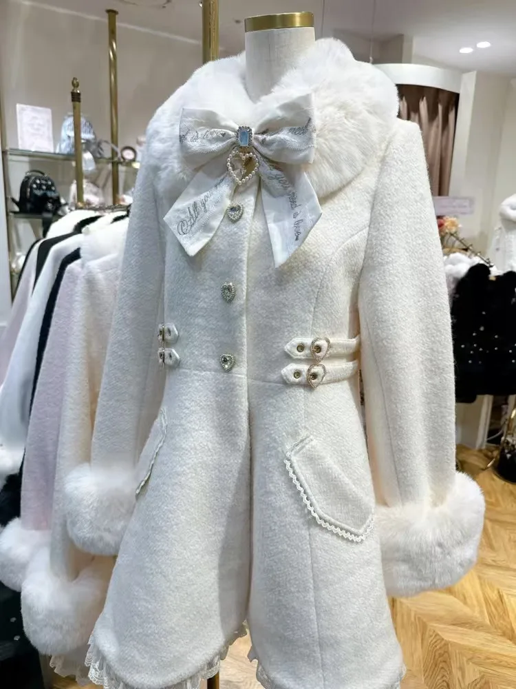 Winter New Woman's Japanese Sweet Bow Slim Long Woolen Coat Faux Fur Collar Lolita Girl Women's Pink White Wool Jacket Overcoat