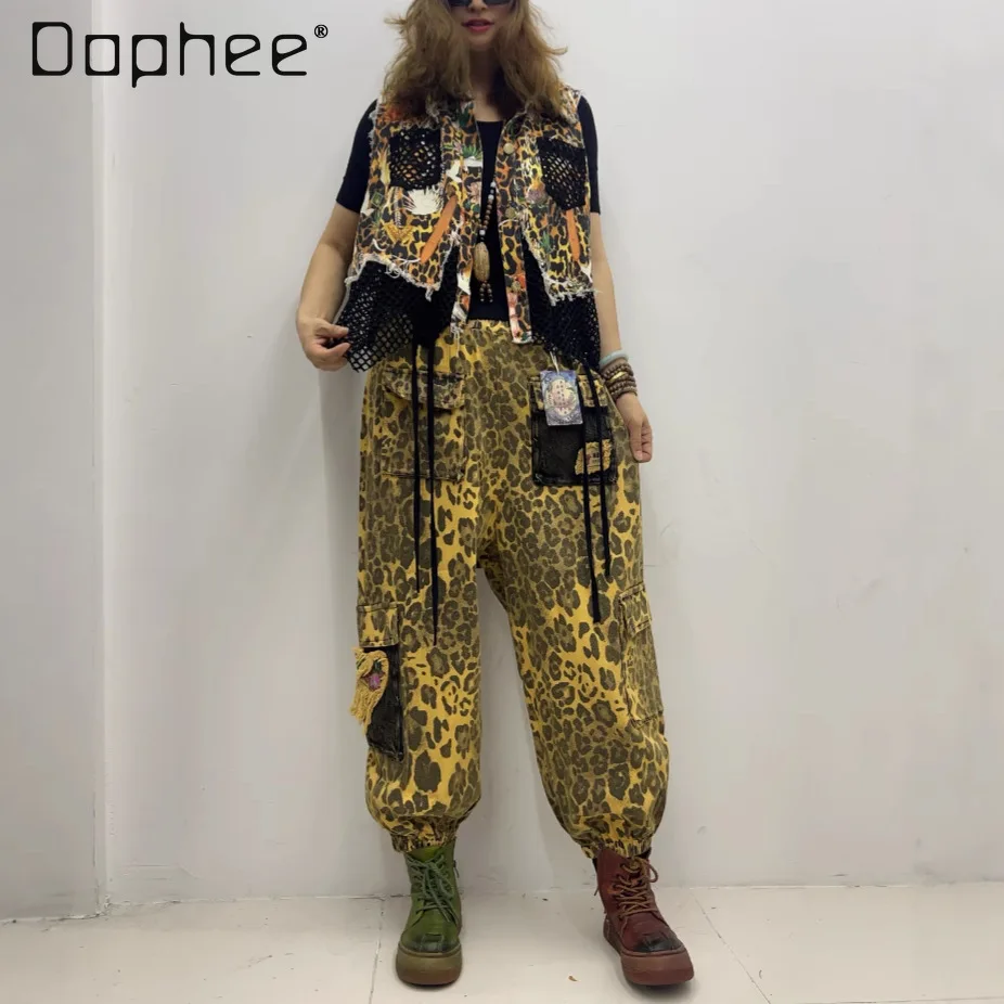 

Denim Leopard Print Splicing Mesh Vest Women 2025 Summer New Loose Street Trendy Cool Overalls Set Baggy Jeans