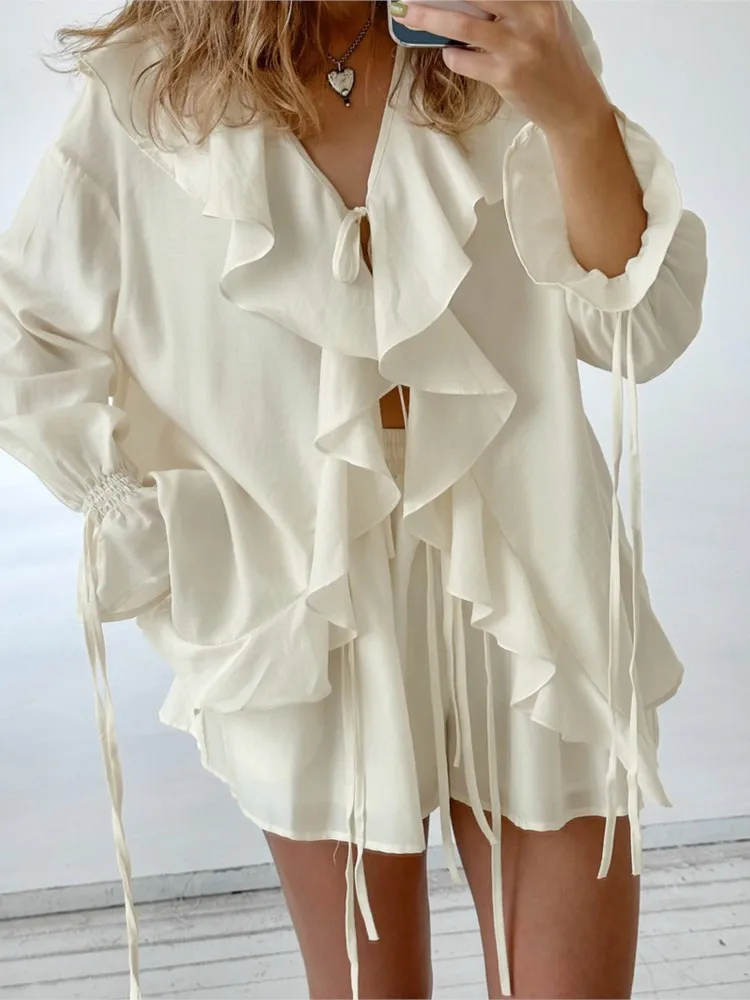 

Women's Solid Color Two-Piece Set 2026 Summer Ruffled V-neck Blouse With Shorts Outfit Flare Sleeve Lotus Leaf Edge Shorts Suit