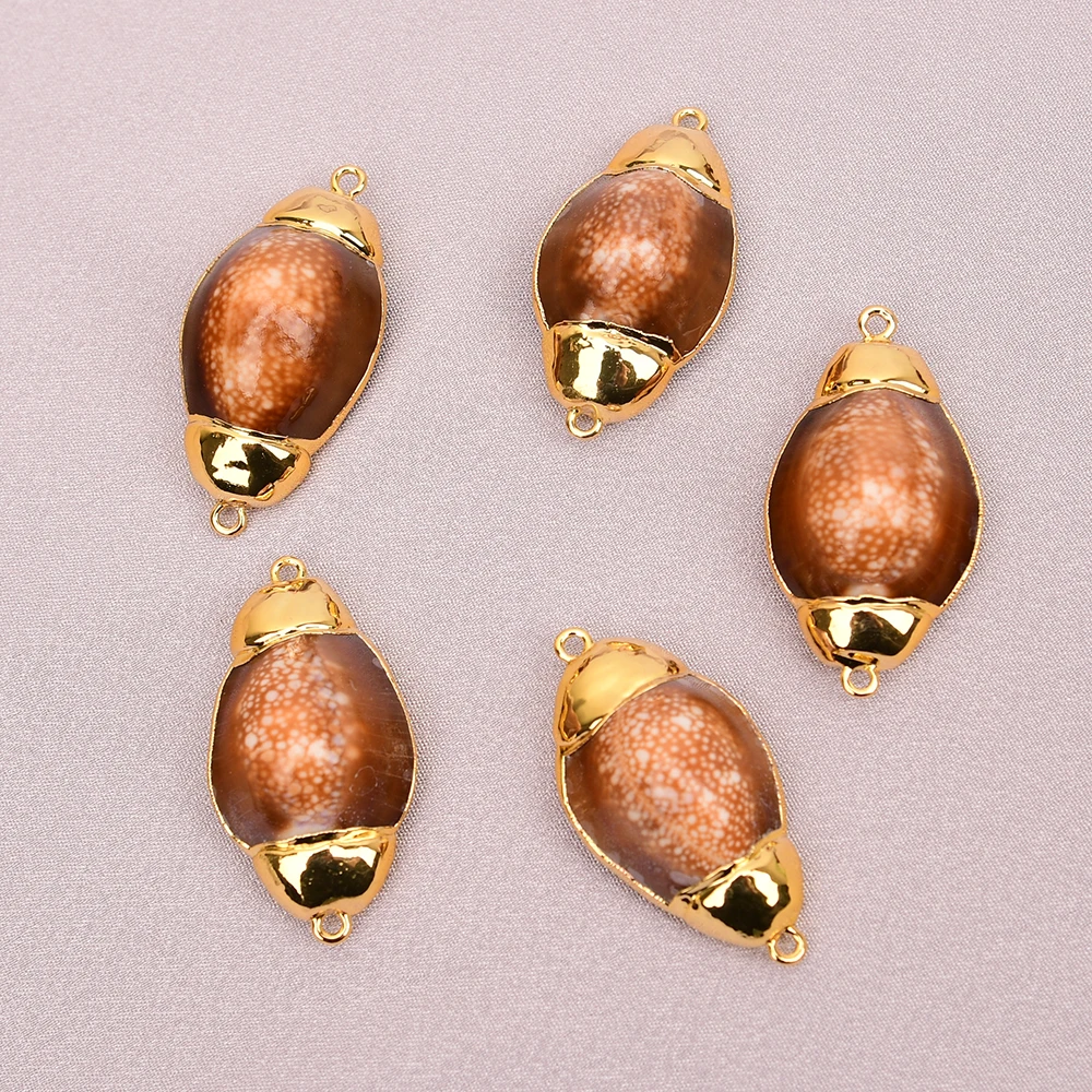 APDGG 5 Pcs Natural Coffee Color Shell Beads Gold Plated Double Rings Connector Jewelry DIY