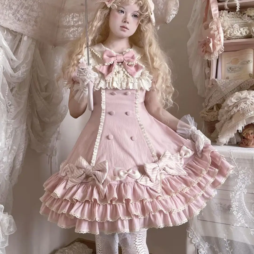 NONSAR Japanese Sweet Lolita OP Dress Women Cute Bow Ruffles Slim Waist Princess Party Dresses Elegant Miss Kawaii Cake Dress