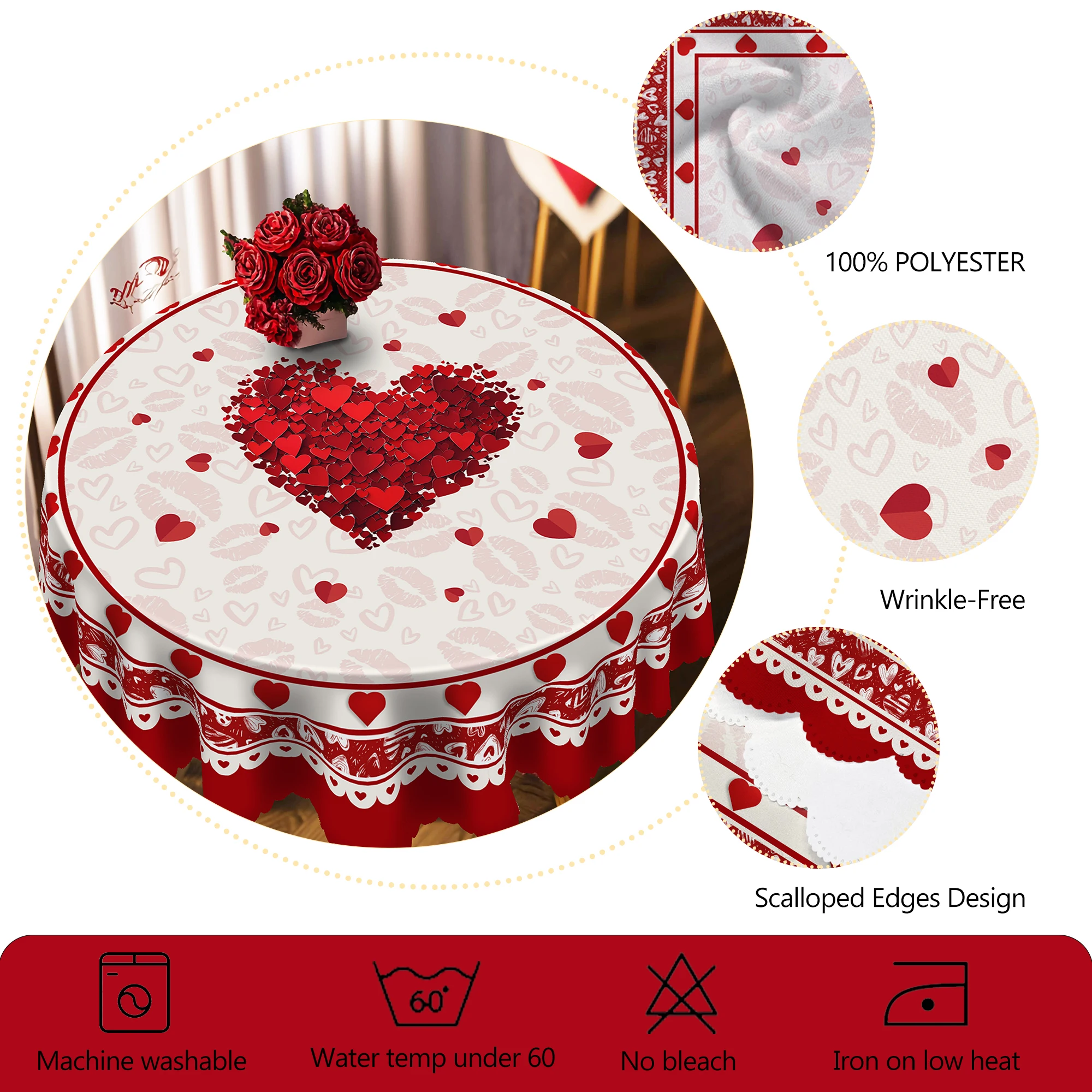 1 Piece of Romantic Valentine\'s Day Square Tablecloth, 5 Sizes Available, Spring Heart-Shaped Pattern Round Tablecloth, Edge Embossing Process,