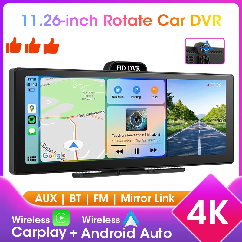 

11,26-дюймовый видеорегистратор 4K для автомобиля, беспроводной, с поддержкой IOS Carplay и Android Auto, GPS-навигация, 1080P, камера заднего вида, 5G Wi-Fi, FM, AUX