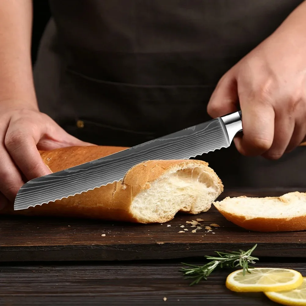 8 Inch Professional Bread Knife Cheese Toast Kitchen Knife Stainless Steel Damascus Knives Wood Handle Slicing Knife Chef Knives