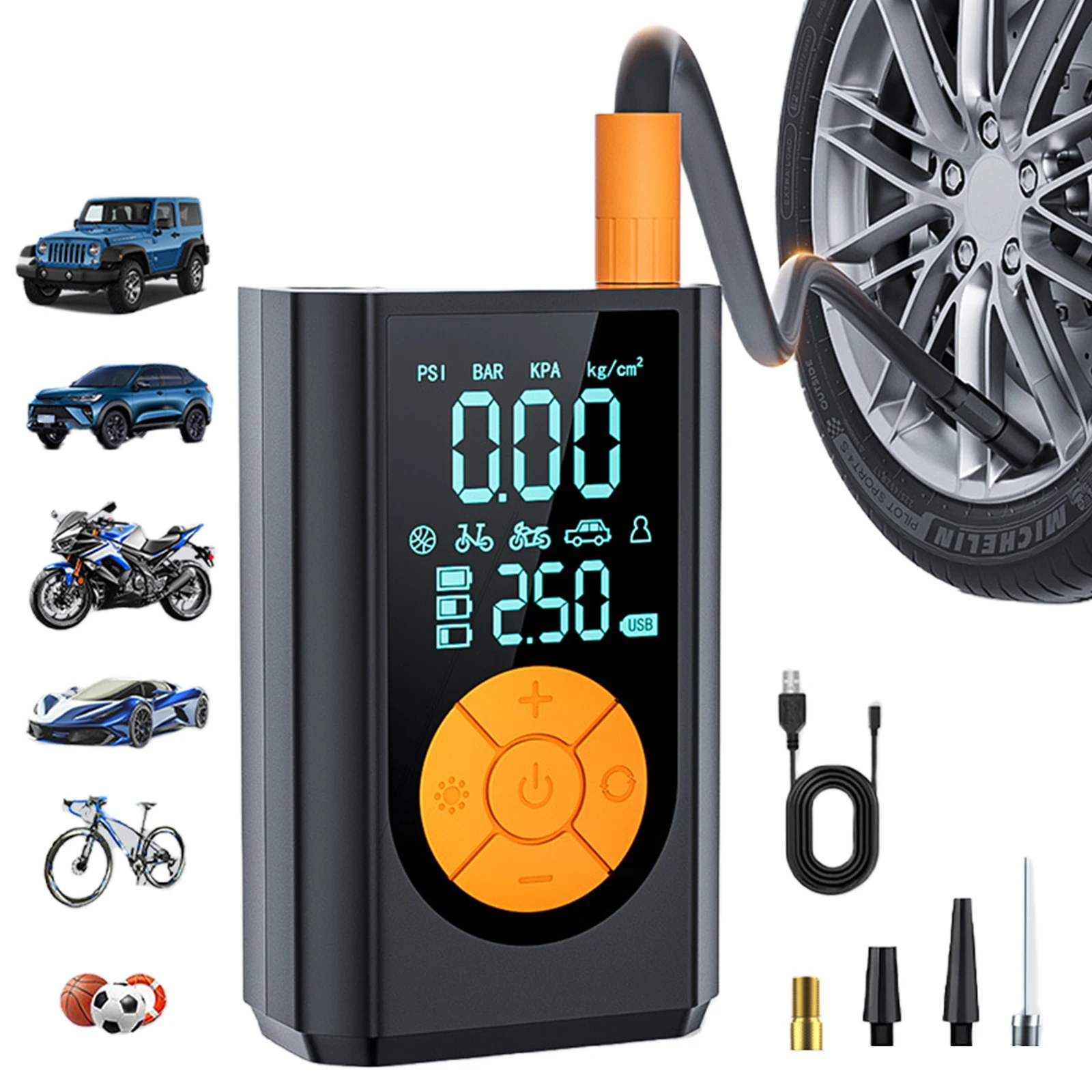 

Портативный воздушный компрессор с цифровым манометром, беспроводной мини-велосипедный насос с перезаряжаемой батареей для автомобилей, мотоциклов, велосипедного мяча