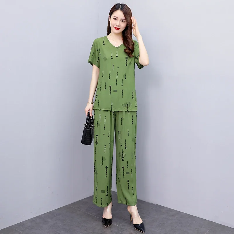 Summer Two Piece Sets Womens Outifits 2023 New Casual Printing Elastic Waist Wide Leg Pants Sets Elegant Blouse Summer Suit