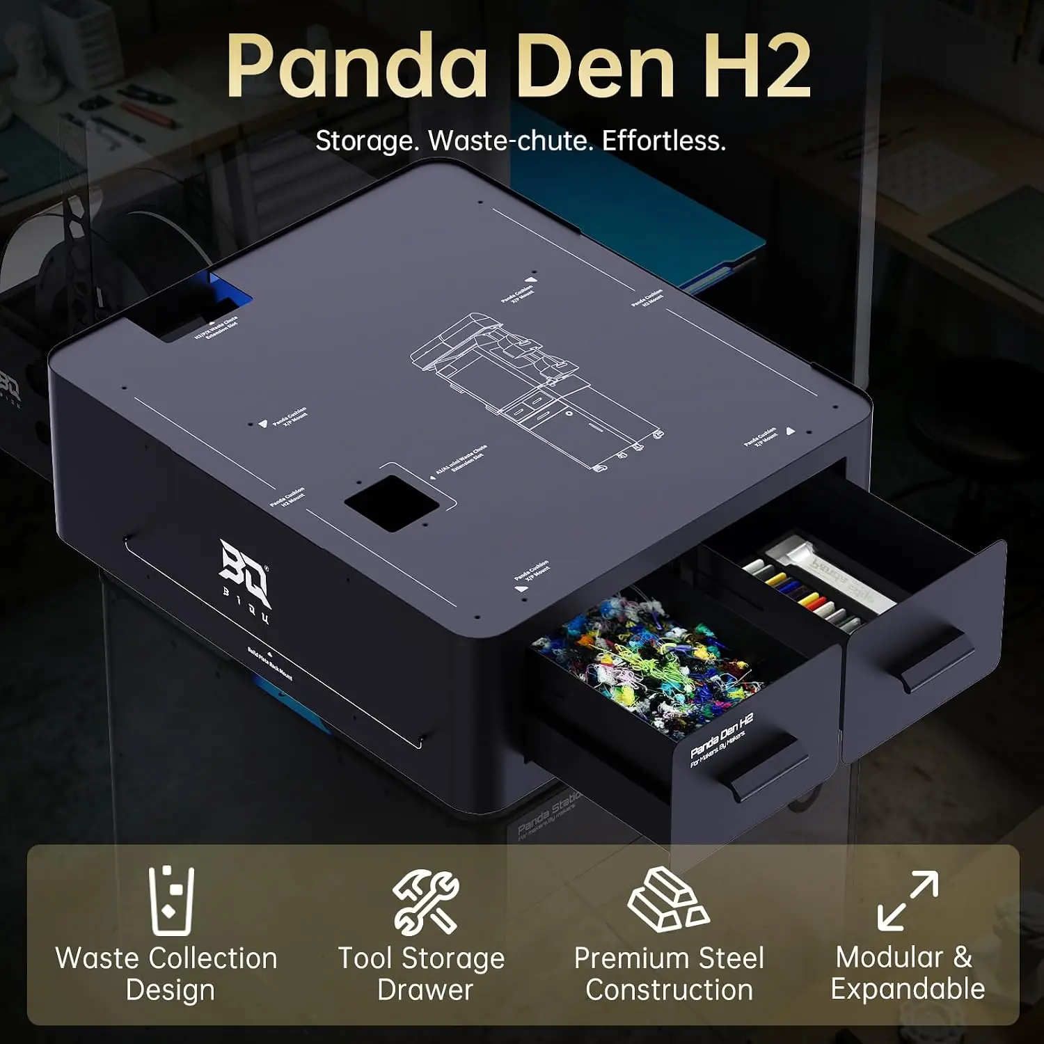 Tool Storage Drawers Panda Den H2 3D Printer Filament Waste Collection Modular Expansion Maximize Vertical Space
