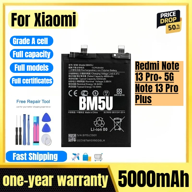 

BM5U for Xiaomi Redmi Note 13 Pro+ 5G/Note 13 Pro Plus Phone Battery High Quality High Capacity Replacement Bateria with Tools