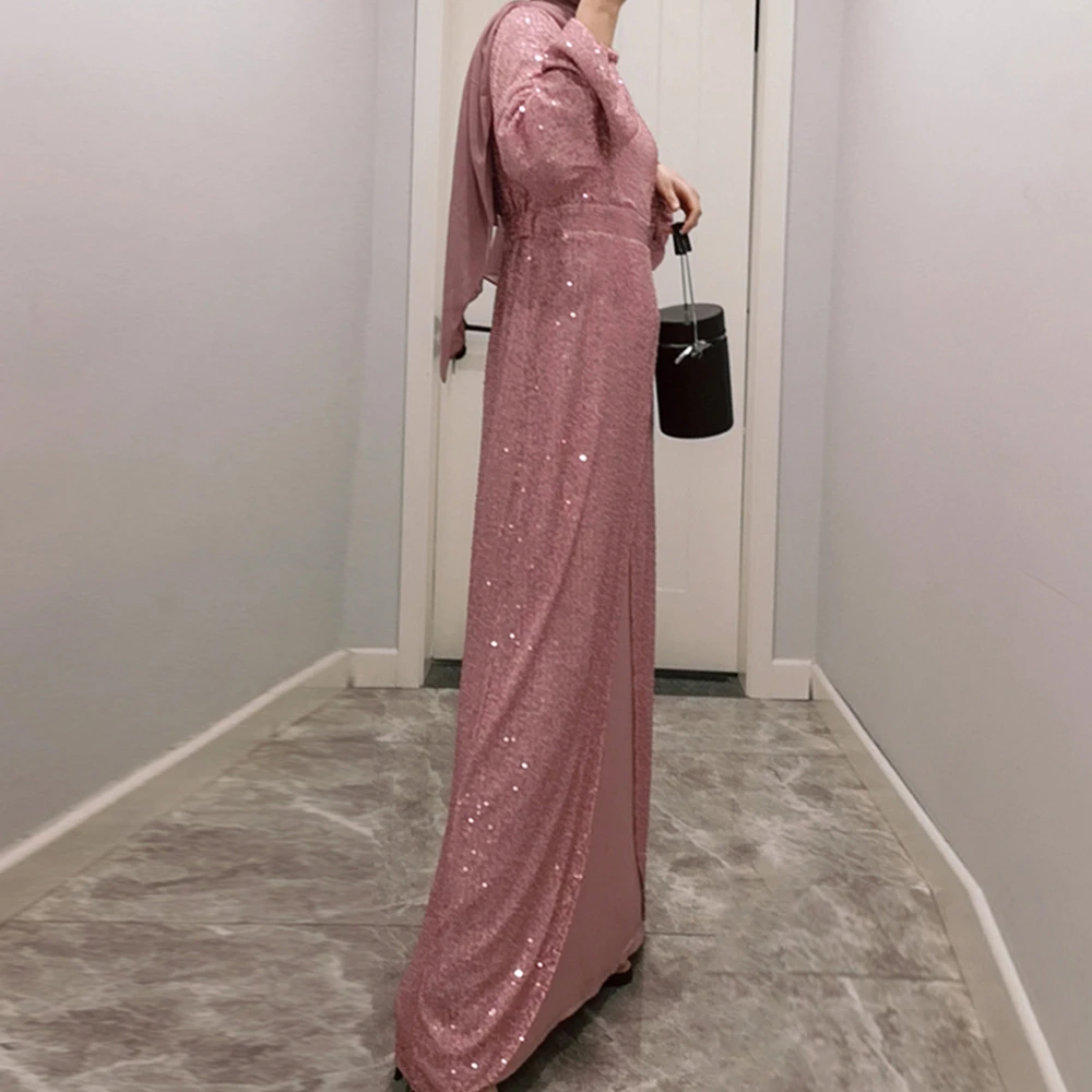 Muslim Fashion Women's Dress, V-neck Evening Dress Long-sleeved Tassel A-line Evening Dress