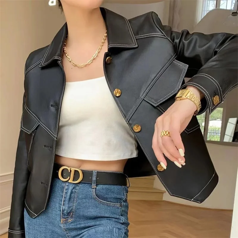 Coat Women\'s Fall/Winter 2023 Explosions PU Leather Jacket New Ladies Western Style Short Denim Lapel Outwear Fashion Trend Tops