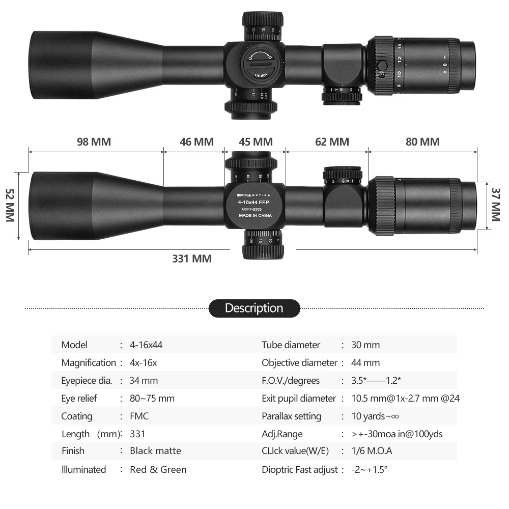 Mira telescópica táctica SPINA Optics 4-16x44 FFP, Visor de caza iluminado en rojo/verde, para Rifle de aire, caza al aire libre