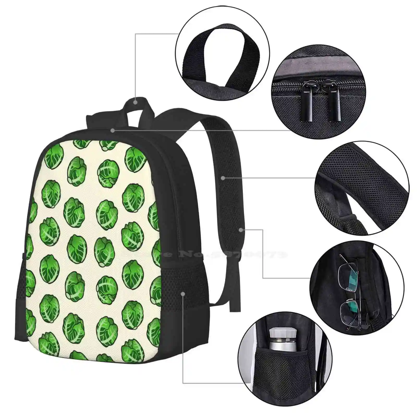 Brussel Sprout Pattern School Bag Big Capacity Backpack Laptop Brussel Sprouts Xmas Holiday Festive Meal Food Green Salad Feast