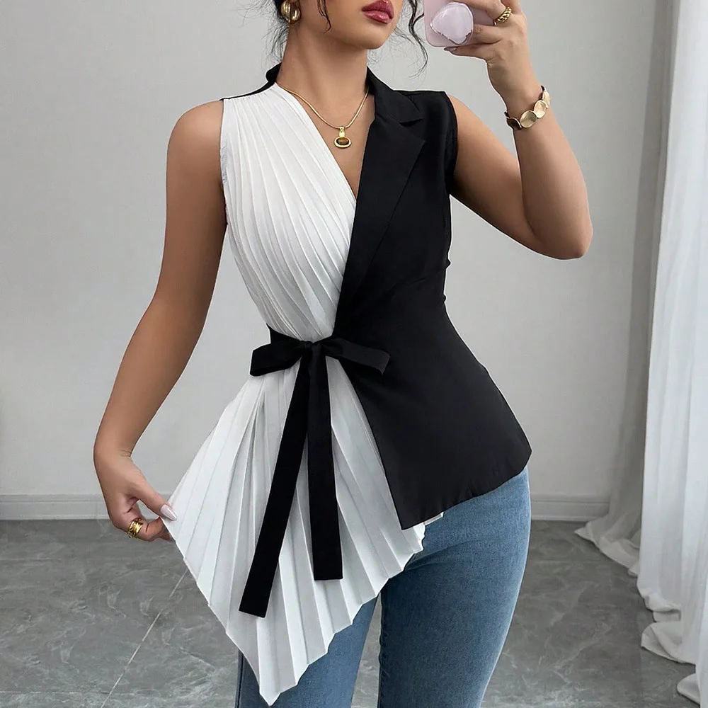 

Top Women 2026 Spring Summer New Color Blocking V-Neck Lace Up Pleated Patchwork Sleeveless Daily Casual Basic Vest Top