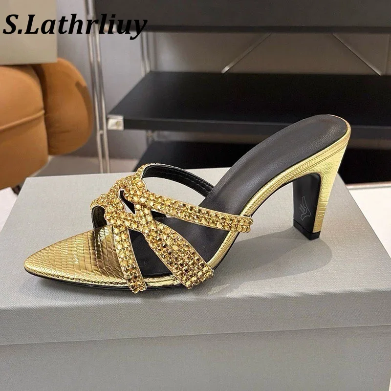 2026Summer Shining rhinestone design with exposed toes thin high-heeled slippers women's fashionable sandals banquet dress shoes