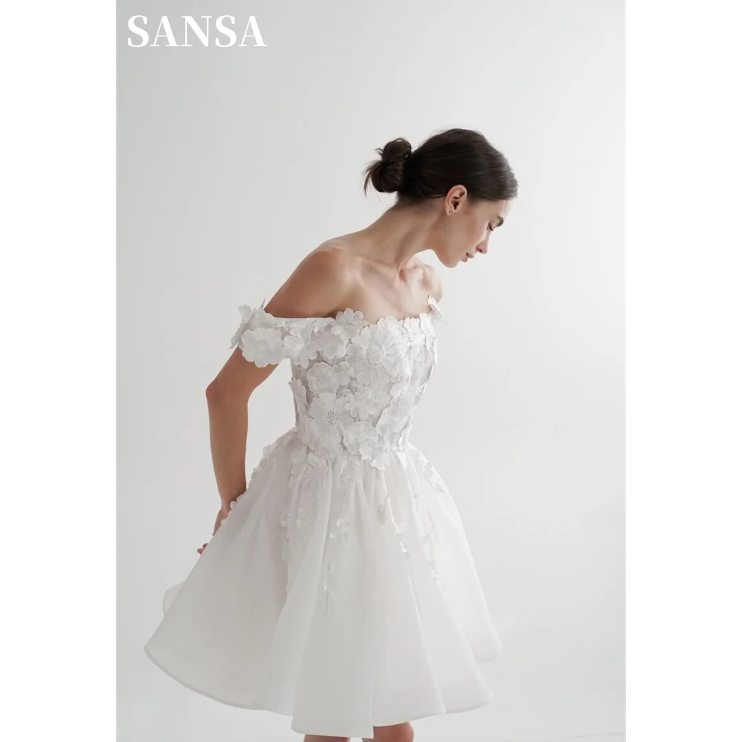 

Sansa Flower Lace Embroidery Short Prom Dress Princess Mini Wedding dress Elegant Flower Off Shoulder Formal Evening 2024