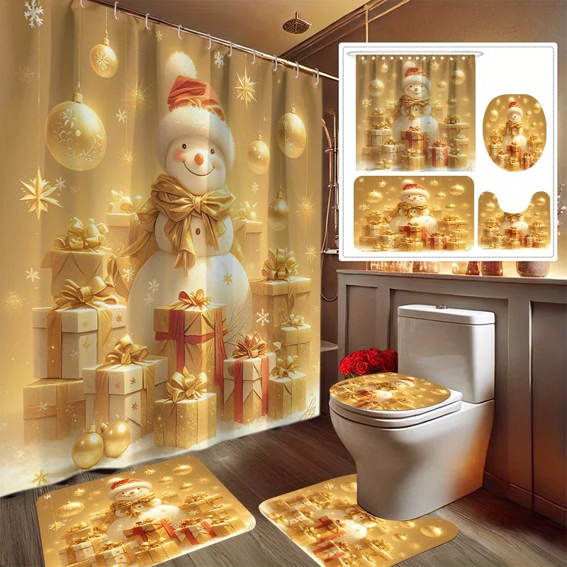 4Pcs Gold Xmas Bath Set, Shower Curtain,Non-Slip Mat, U-Shaped Toilet Cover, 12 Hooks, Holiday Decor, Christmas & Halloween Gift
