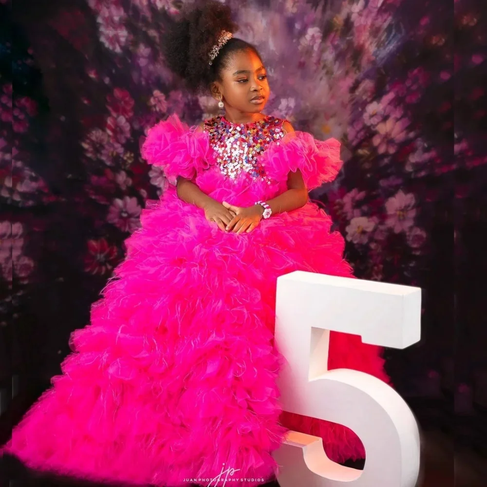 

Hot Pink Girls Birthday Party Dresses Customized Ruffles Sequined Flower Girl Dresses Baby Kids Ball Gowns for Photo Shoot