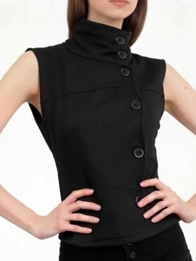 Damska bluzka streetwearowa z golfem, czarna, Harajuku Punk Vintage, zapinana na guziki, estetyka Y2k, dopasowany krój.